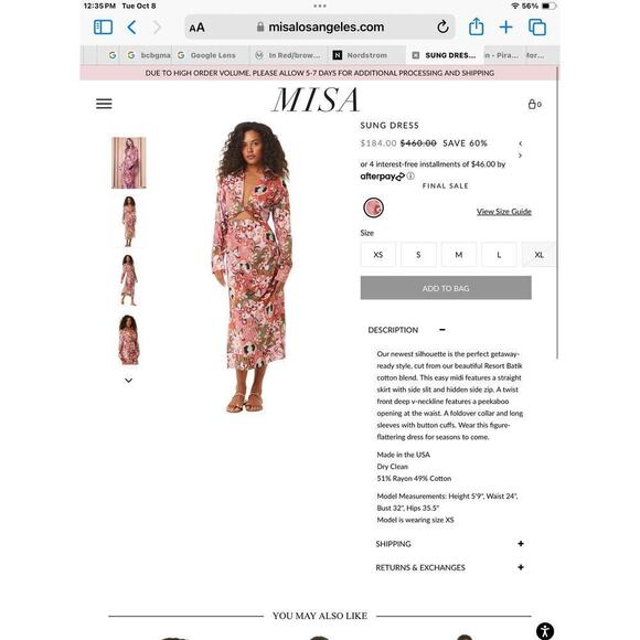 MISA sung long sleeve midi dress Cotton Blend V Neck Cut Out Floral Pink new XS - Picture 6 of 12